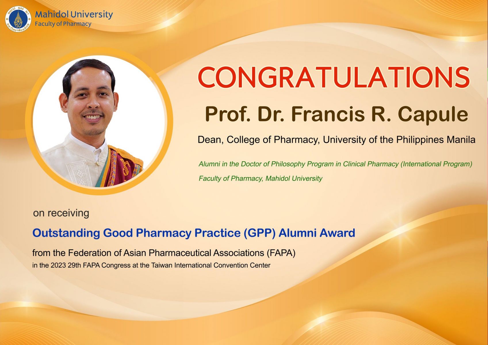 Outstanding Good Pharmacy Practice (GPP) Alumni Award in the 2023 29th FAPA Congress