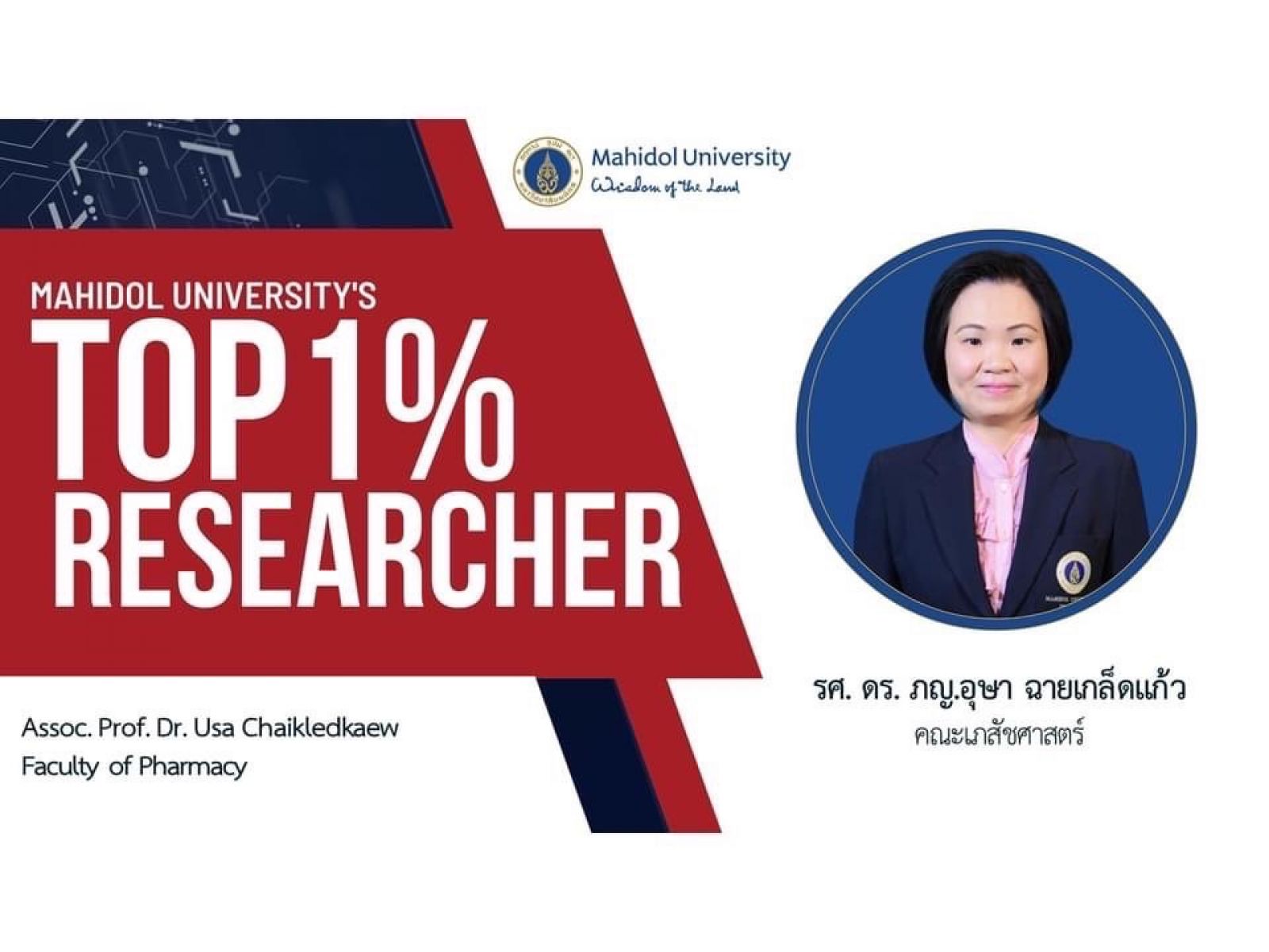 อาจารย์เภสัชมหิดลได้รับรางวัล Mahidol University Top 1 percent Researchers 2024
